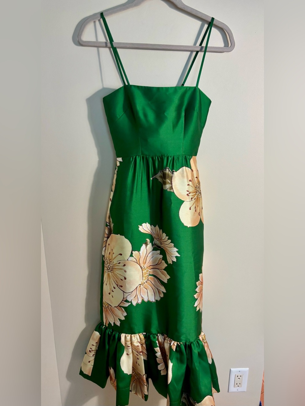 Alemais Sage Green Floral Print Satin Mikado Sleeveless Ruffle Midi Formal Dress